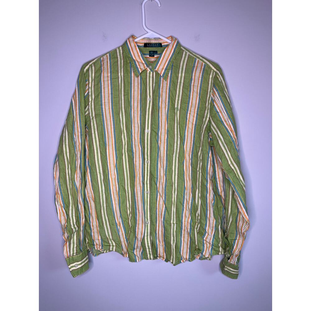Lauren Ralph Lauren Lime Green Orange Pinstripe Linen Old Money Oxford Shirt L
